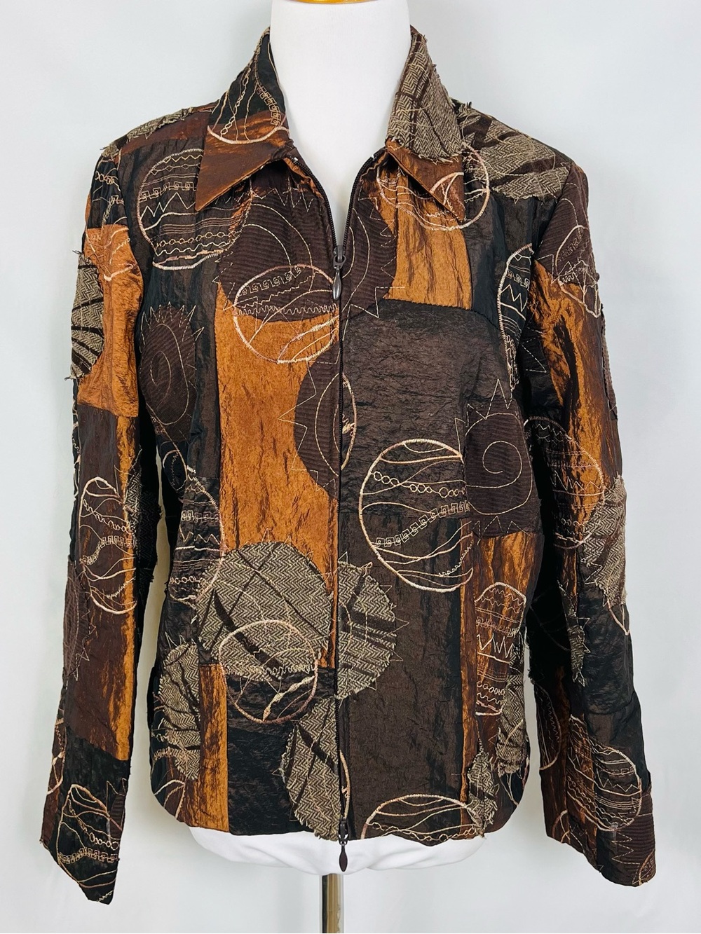 Joseph Ribkoff Quilted Brown & Tan Patchwork Zip Front Shirt Jacket